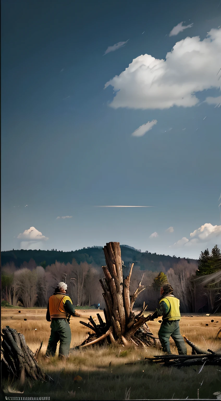 On this desolate grassland, the foreground features a tree stump, with a pile of wood on the left, serving as a stark symbol of environmental degradation and destruction. The scene depicts five workers, and the stump is surrounded by construction fences. The background depicts twilight. This artwork is crafted with the highest quality, showcasing ultra-high detail and bright, vivid colors. Utilizing high resolution and HDR technology, along with studio lighting, it presents vibrant colors and realistic details, capturing the essence of photography.