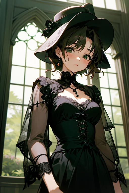 Akina Nakamori、Green lace dress、25 years old、Beautiful woman、sexy、White cross necklace on chest、gothic style、miniature small hat、Sharp and cute、Beautiful woman、Upper grade、sexyポーズ、