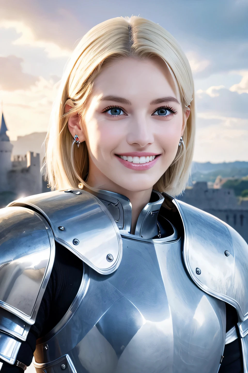 ８Ｋ、highest quality、female knight、The background is a castle、Luxurious Silver Armor、、hairstyle short cut、smile、beautiful teeth、full body photo、ear piercing、blonde、white woman、blue eyes、heavy makeup、The background is a cloudy sky

