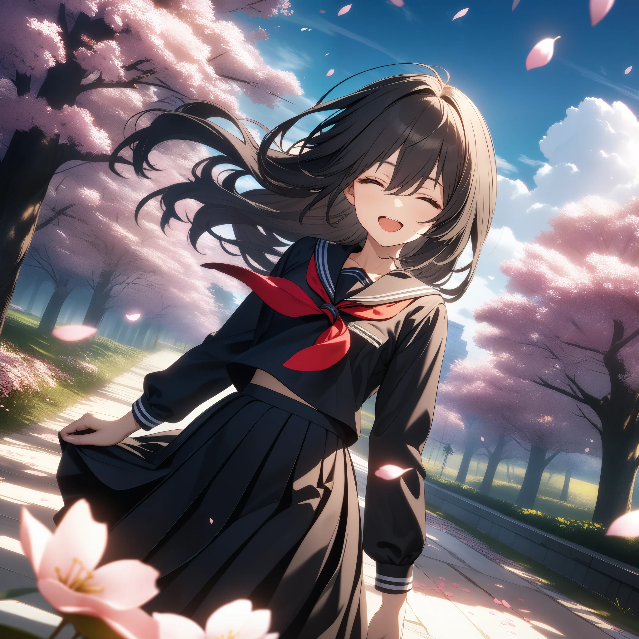 32k, best quality, ultra high res, HDR, UHD, extremely detailed CG, unity 32k wallpaper, solo, hair between eyes, brown eyes, black hair, standing, flower, outdoors, sky, cloud, tree, petals, floating hair, cherry blossoms, pink flower, (black sailor suit), closed eyes, open mouth, smile, 