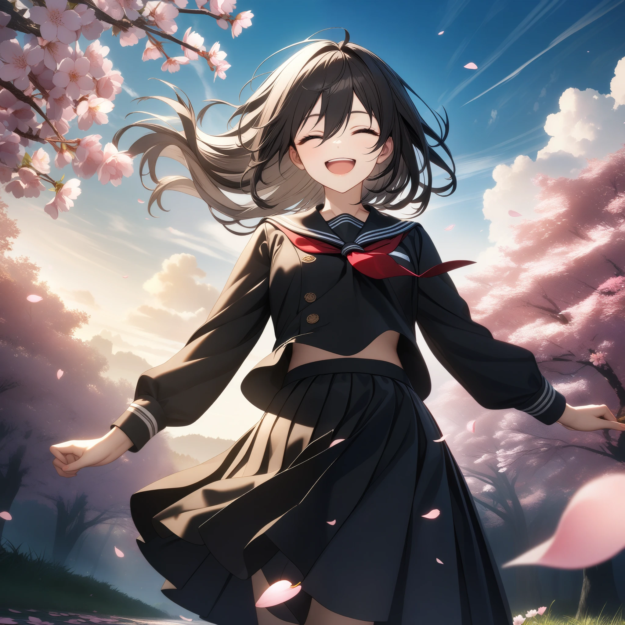 32k, best quality, ultra high res, HDR, UHD, extremely detailed CG, unity 32k wallpaper, solo, hair between eyes, brown eyes, black hair, standing, flower, outdoors, sky, cloud, tree, petals, floating hair, cherry blossoms, pink flower, (black sailor suit), closed eyes, open mouth, smile, 