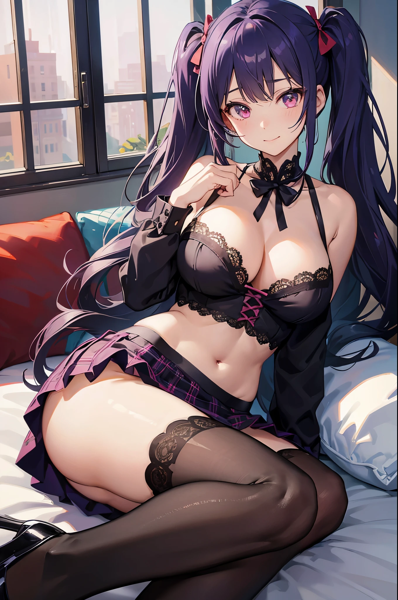 In 8K、highest quality、room with window、with a girl、Dark purple hair、twin tails、big pink ribbon、delicate face、smile、red eyes、blushing face、black blouse with lots of frills、Plaid pink skirt、beautiful feet、striped lace tights、black platform pumps、seductive thighs、big breasts:1.8、big ass:5.5、big breasts、 thin waist、beautiful waist、shiny skin、black panties with holes、look down from below、seductive thighs、