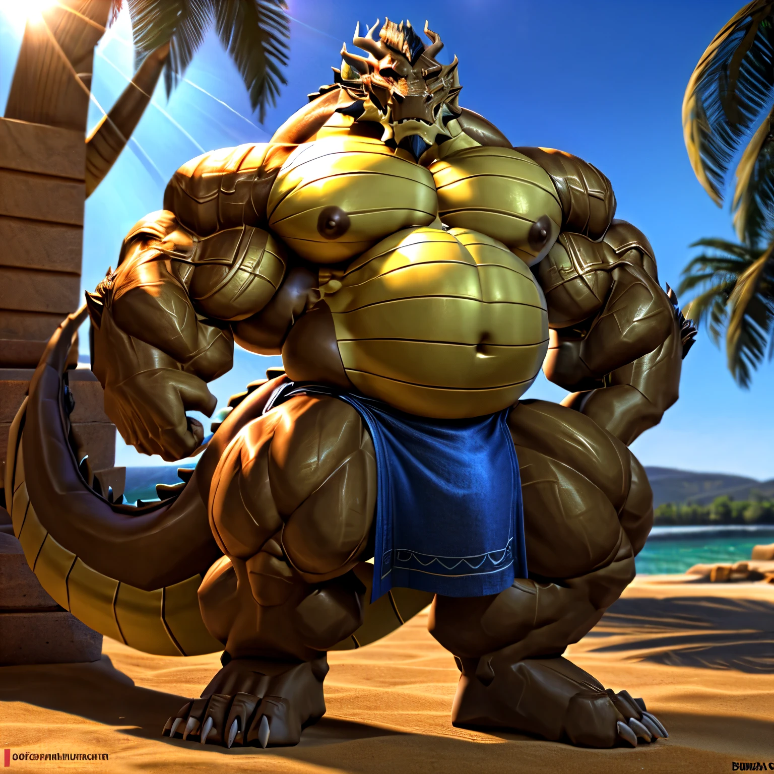 shendu, eastern dragon king, male dragon, eastern dragon,hefty body,  with very big muscles, hulking, huge, colossal body,  extremely strong, big abdominal muscles, hefty musclegut, pecs, Strong and robust musclegut , prominent muscle abs, sharp claws, legs,  feet, full body, loincloth,  HDR, nipples, sunlight, daylight, outdoor, bright , at noon,  good weather,  4k, best quality .