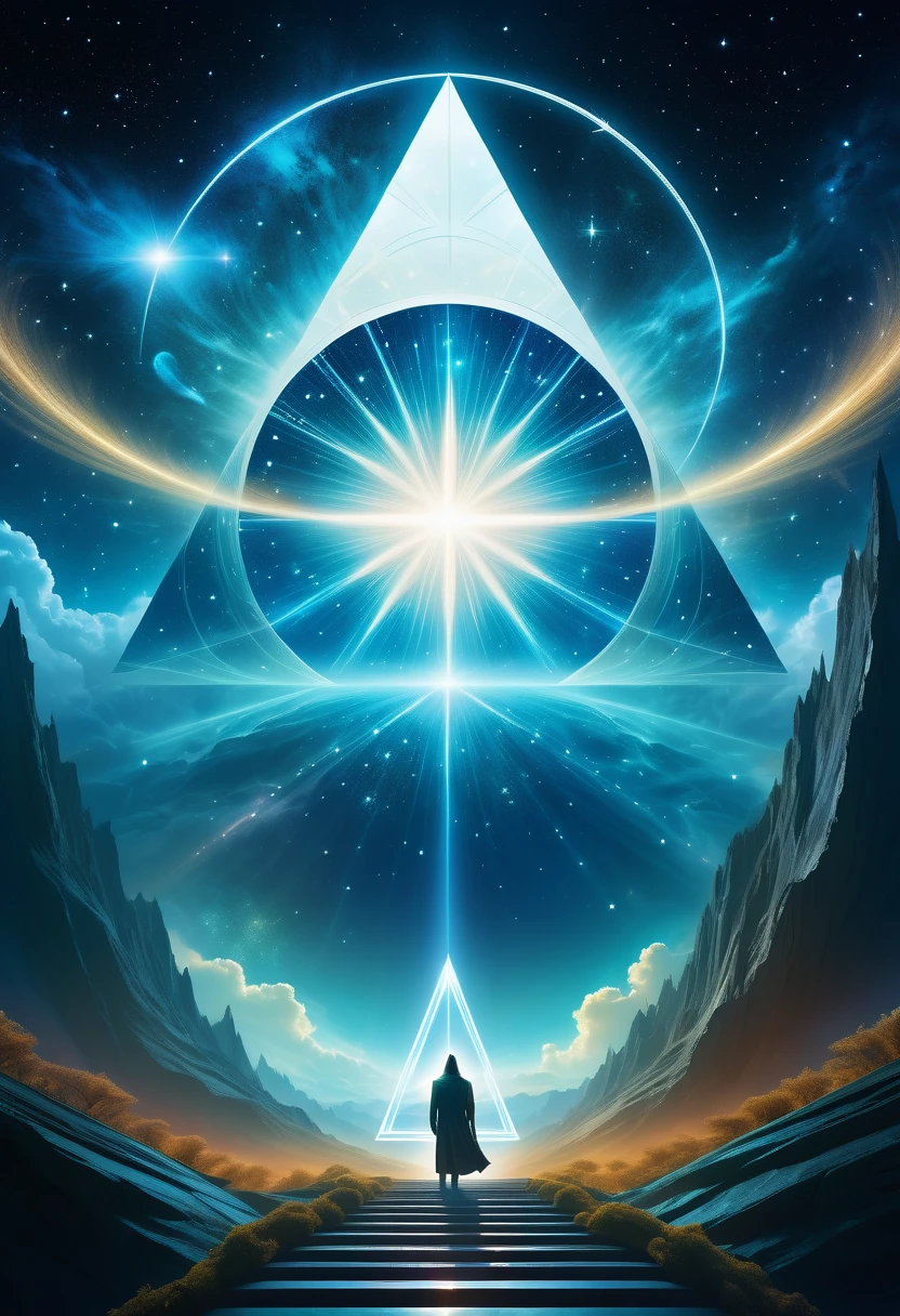 Giant triangle cybernetics，Magnificent cosmic starry sky background，Intricate illustration in surreal art style，surreal dream，Dubrec style，Transparent geometric shape close-up，（multiple exposure：1.8），A man standing at the entrance，Alphad&#39;s image with a star in the sky, Entering the ethereal realm, A gateway to another universe, The passage to the ethereal realm, artgem and beeple masterpiece, A stargate to another dimension, futuristic stargate, cosmic eye, Movie Bee, Jessica Rossier Fantasy Art