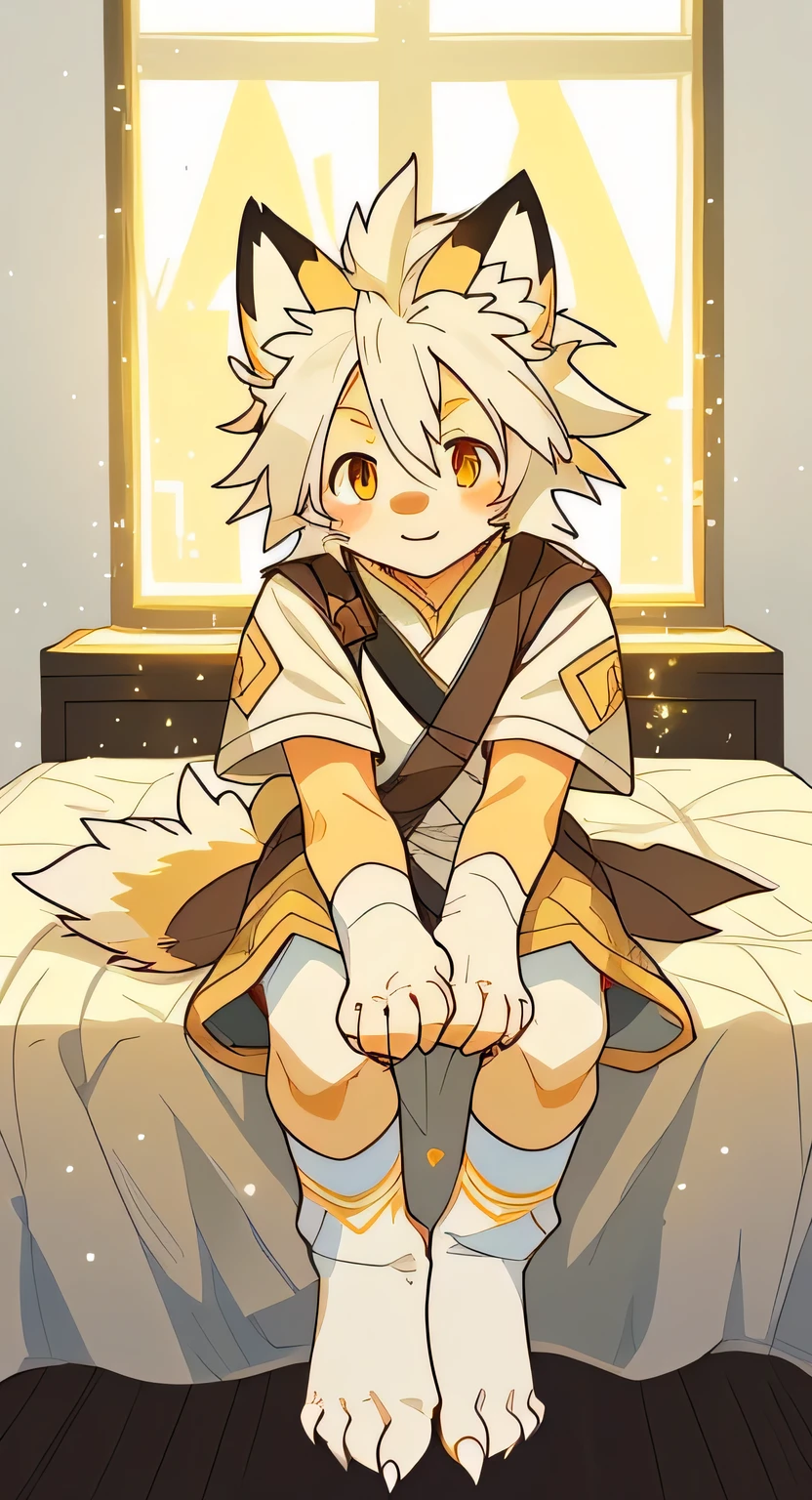 unique,Kanno,white fox,male,hairy,best quality,Shota,Humanity,claws,hairy tail,Golden Sun Rune,cute,Sparkling golden eyes,sitting on bed,white socks,The perspective is from bottom to top