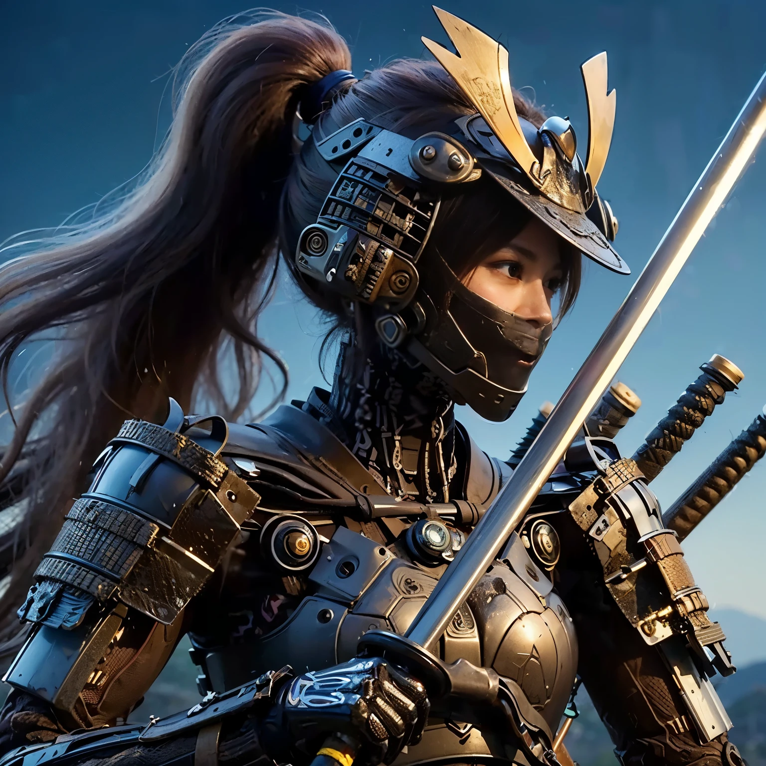 (best quality,4k,8k,highres,masterpiece:1.2), ultra-detailed, (realistic, photorealistic, photo-realistic:1.37), samurai armor, traditional Japanese sword, beautiful girl, kawaii, ponytail, super detailed, hyper-realistic texture, realistic, lifelike photography.