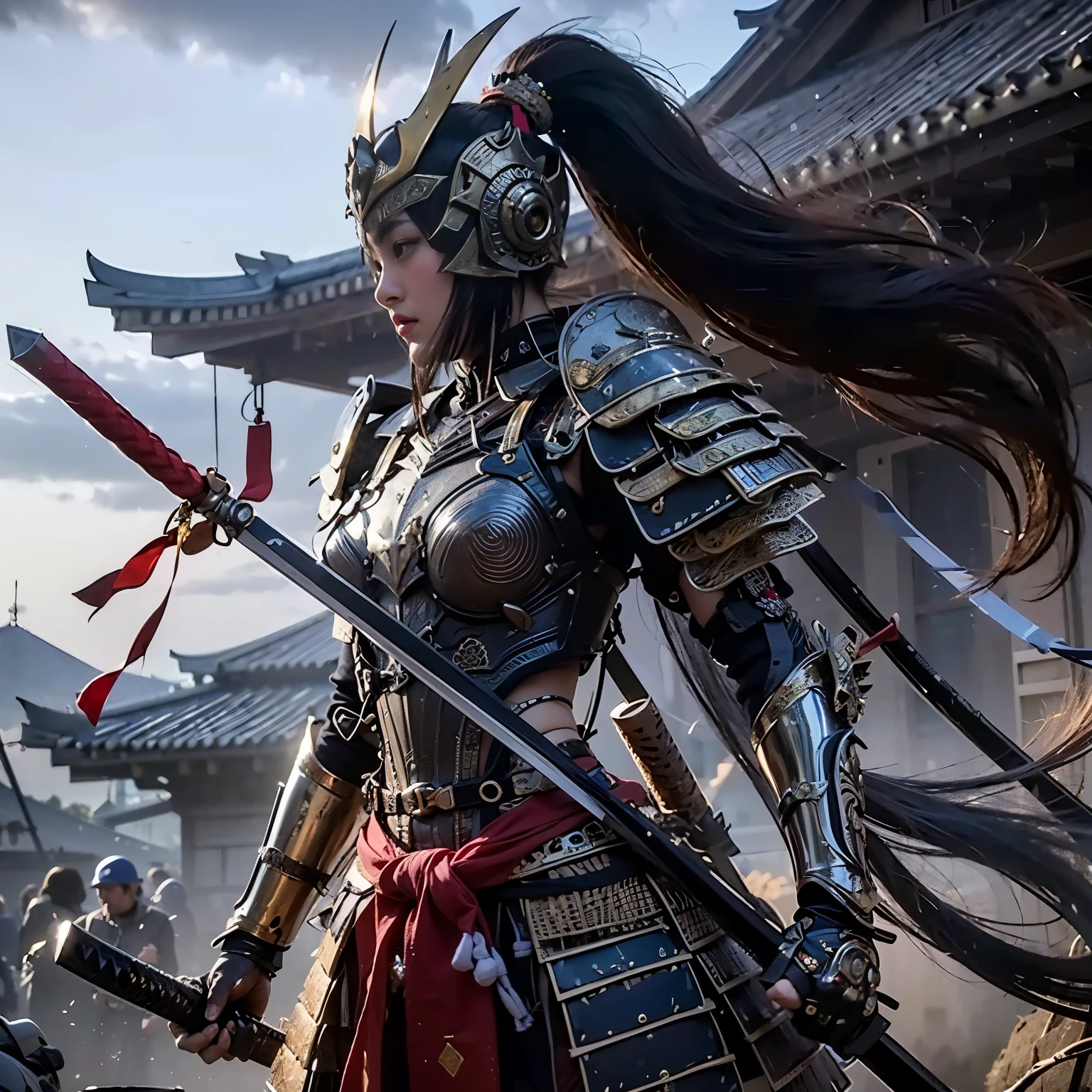 (best quality,4k,8k,highres,masterpiece:1.2), ultra-detailed, (realistic, photorealistic, photo-realistic:1.37), samurai armor, traditional Japanese sword, beautiful girl, kawaii, ponytail, super detailed, hyper-realistic texture, realistic, lifelike photography.