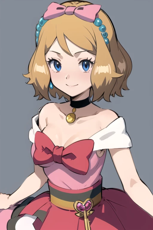 masterpiece, best quality, 1girl,serena \(pokemon\), short hair, blonde hair, blue eyes, eyelashes, black choker, hair bow, dress, collarbone, large breasts, upper body, smile, looking at viewer, solo, simple background