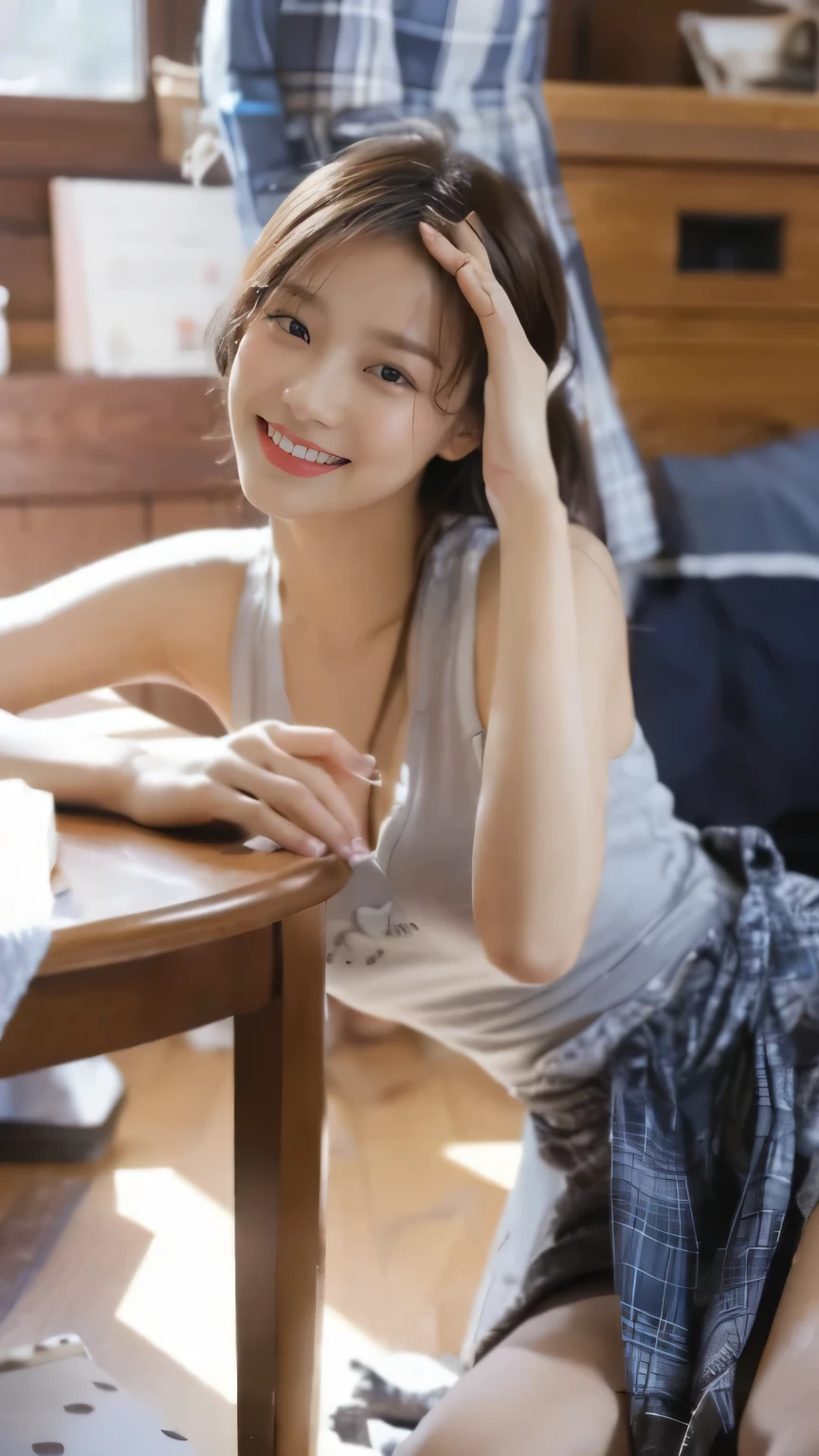 30 generation women、one bun hair, Face without makeup, silky white skin, gentle smile, on the bed, raise your feet, Hugging her knees