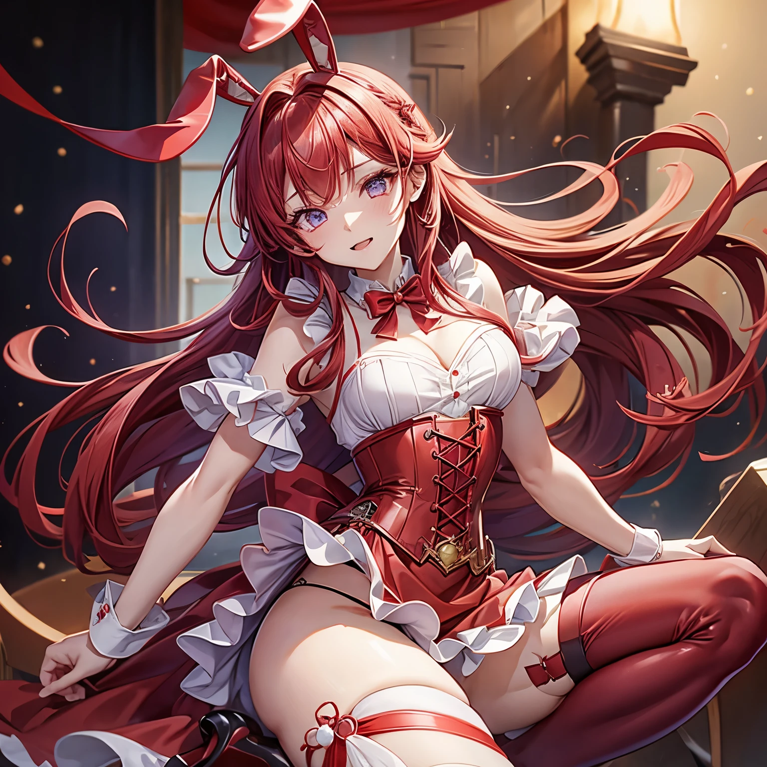 outrageous, best quality, 1 girl, alone, Red hair, purple eyes, long hair, big deal, Usagi, bunny ears, red corset, Xuelan, apron, red tie, Red dress, hairpin, short sleeves, wrist cuffs, white thighs, Jingle Bells