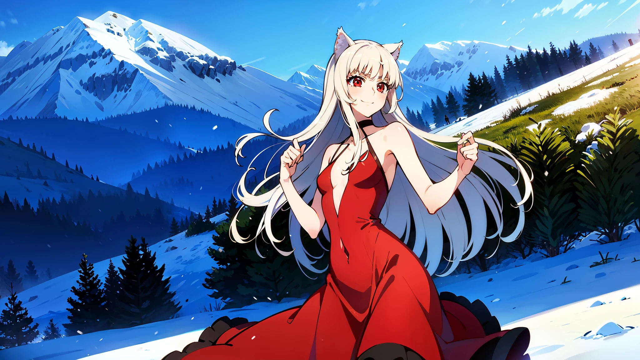 Holo, white hair, red eyes, serious expression, mid twenties, , cat ears, dynamic posture, dancing, field of snow, smiling, realistic, full of snow,, red dress, big chest, hot, cute, snowy mountain landscape, very detailed hands, very detailed realistic face,