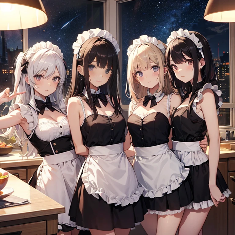 A group of maids, (in kitchen), various hair styles, harem, wearing maid uniform, night, details face, , short skirt, seducing, sleeveless , night, starry night, armpits