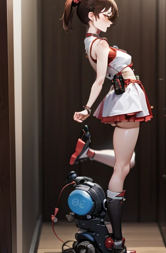 A Female robot is sleeping in bedroom, spread legs, nude, banzai pose. she wears no dress. She Brown short hair is tied with two big red clothespins, She lifts up the under hem of her white plain dress, leaning over, masterpiece, very short pigtails,brown hair, mature, android, blue eyes, full body figure, Height: 160cm, flushed cheeks, 2020s anime picture, A beautiful robot with short brown hair in two short pigtails held up by two very large huge red clothespins, Uplifting, No NSFW, whole body, barefoot, archaic smile, getting orgasm, 25 years old, sweat bucket.