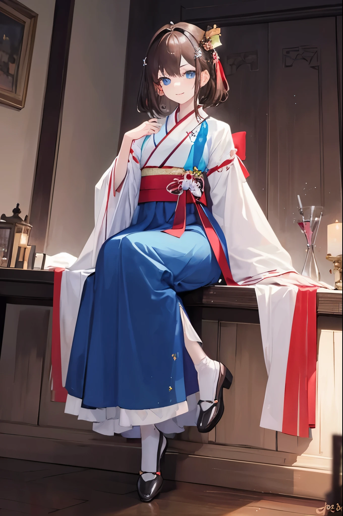 Incredible resolution, high resolution, (masterpiece:1.4), Hyper-detailing, glossy details, Anime young woman with dark-brown hair), blue eyes, wearing a hanbok royal-blue and red with fancy details , with a gentle smile, korean hairpin on her head, full body render, delicate), princess)