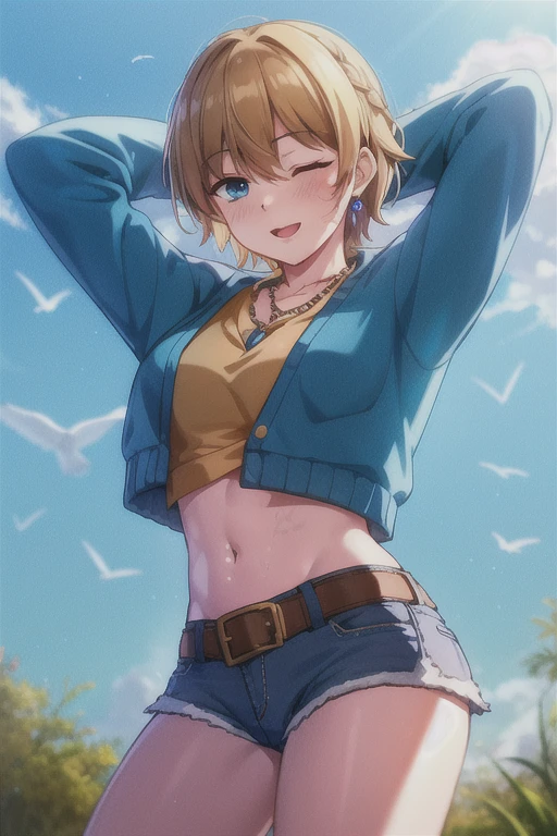 wattson (apex legends), masterpiece, best quality, 1girl, solo, one eye closed, shorts, belt, blue eyes, open mouth, blonde hair, bird, necklace, smile, denim, dove, navel, looking at viewer, blush, jewelry, denim shorts, arms up, bead necklace, midriff, beads, long sleeves, scar, scar on face, scar on cheek, burn scar, bangs,