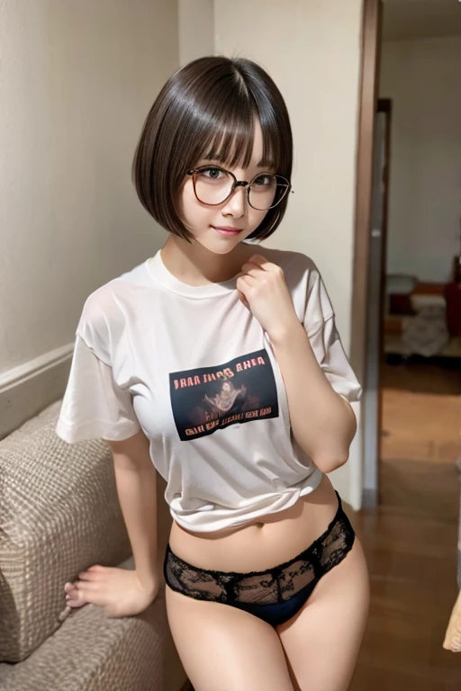 Underwear is small,short hair,beautiful girl,genuine,super beautiful,wearing a t-shirt,Glasses ,black hair,not wearing pants,NSFW