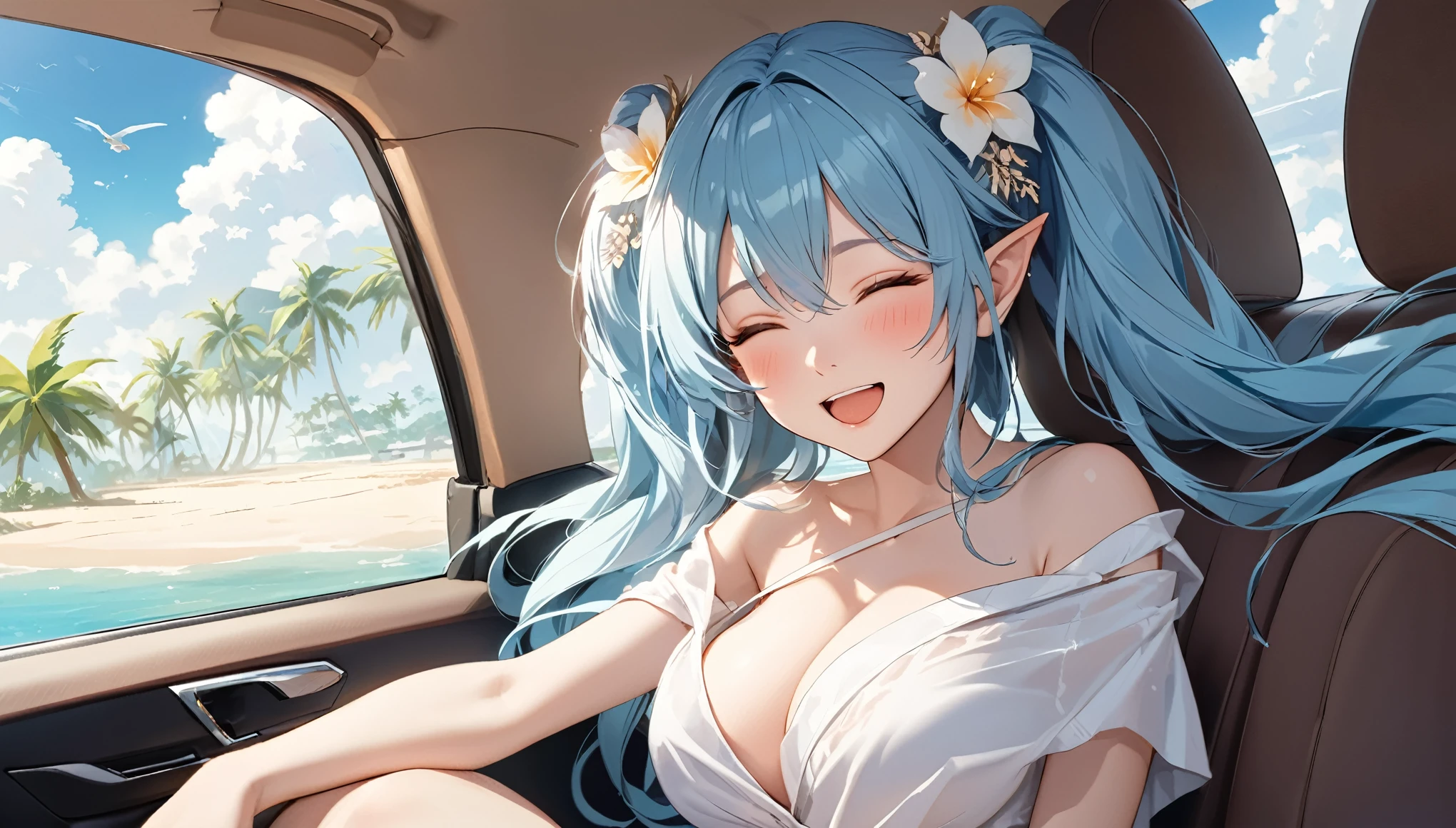  (masterpiece, best quality), 1 elven girl, ( bear breasts, thigh),  (light blue hair, twin tails ,very long hair is fluttering in the wind), hair between eyes, multi colored hair,hair flower ornament ,(blush, smile, close eyes), open mouth, fairly dress,    
 ((undone clothing)),  (Open the front of the fairly dress chest very wide), large breasts, pointed ears, view from right side, (Cruising the highway in a car ) , (color of the car is white), ( the car has 2 seats), (the car has no roof), (passenger seat is left side in the car), (seating in the left seat of the car), looking at the sky,  Palm trees line the shoreline 