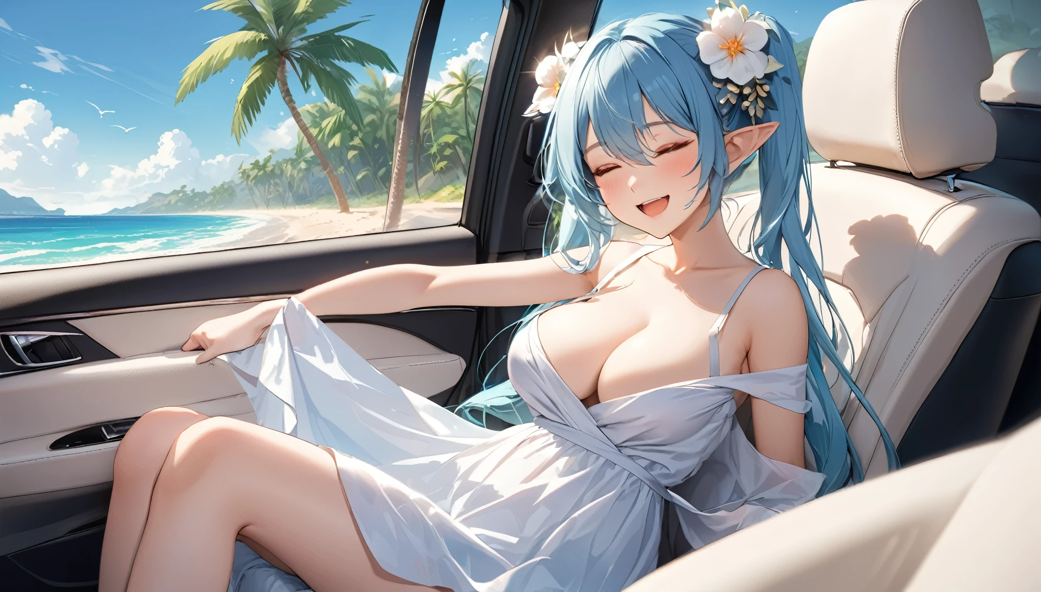  (masterpiece, best quality), 1 elven girl, ( bear breasts, thigh),  (light blue hair, twin tails ,very long hair is fluttering in the wind), hair between eyes, multi colored hair,hair flower ornament ,(blush, smile, close eyes), open mouth, fairly dress,    
 ((undone clothing)),  (Open the front of the fairly dress chest very wide), large breasts, pointed ears, view from right side, (Cruising the highway in a car ) , (color of the car is white), ( the car has 2 seats), (the car has no roof), (passenger seat is left side in the car), (seating in the left seat of the car), looking at the sky,  Palm trees line the shoreline 