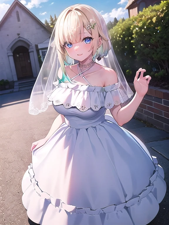 (masterpiece:1.3),((High resolution)),((high quality)),((Super detailed))、1 girl、perfect balance、perfect face、detailed face、cute face、beautiful詳細な目、Expressive eyes、cute eyes、shiny eyes、perfect body、beautiful体、(((Wedding dress)))、off shoulder、marriage、church、marriage式、bride、smile、Walnut noa、short hair、colorful hair、hair ribbon、hair ornament,(big breasts)、(head shot)、embarrassing、blush、beautiful女の子、cute face、beautiful顔、cute face、beautiful、best quality、good anatomy、ornaments ,short hair、colorful hair、hair ribbon、hair ornament、thigh strap、smile、closed mouth、blush、Are standing、From above、(NSFW:1.3), ((full body)),((Super detailedな背景)), mistress pose, ((8k wallpaper)) , smile, blush, outdoor, Day, blue sky, empty, looking at the viewer, moody lighting, face-to-face audience