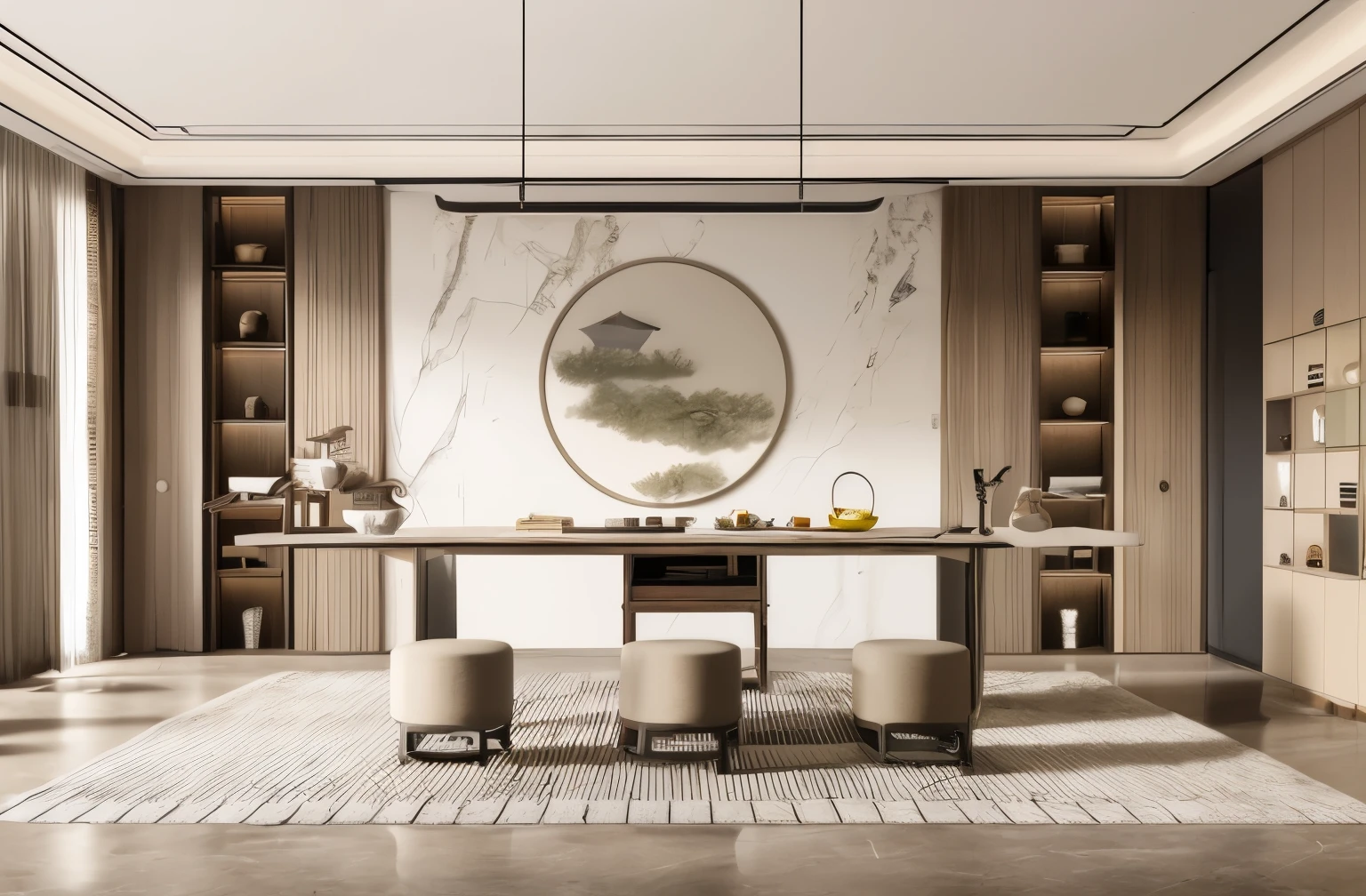 arafed living room with chairs、Tea table and lamp,asian interior decoration,dark and beige atmosphere,Warm living room,Natural window lighting,New Chinese style living room,elegant minimalism,Beige and dark atmosphere,brown atmospheric lighting,blinds,Melancholic atmosphere,Natural interior lighting,wooden furniture,Fantastic lighting and shading