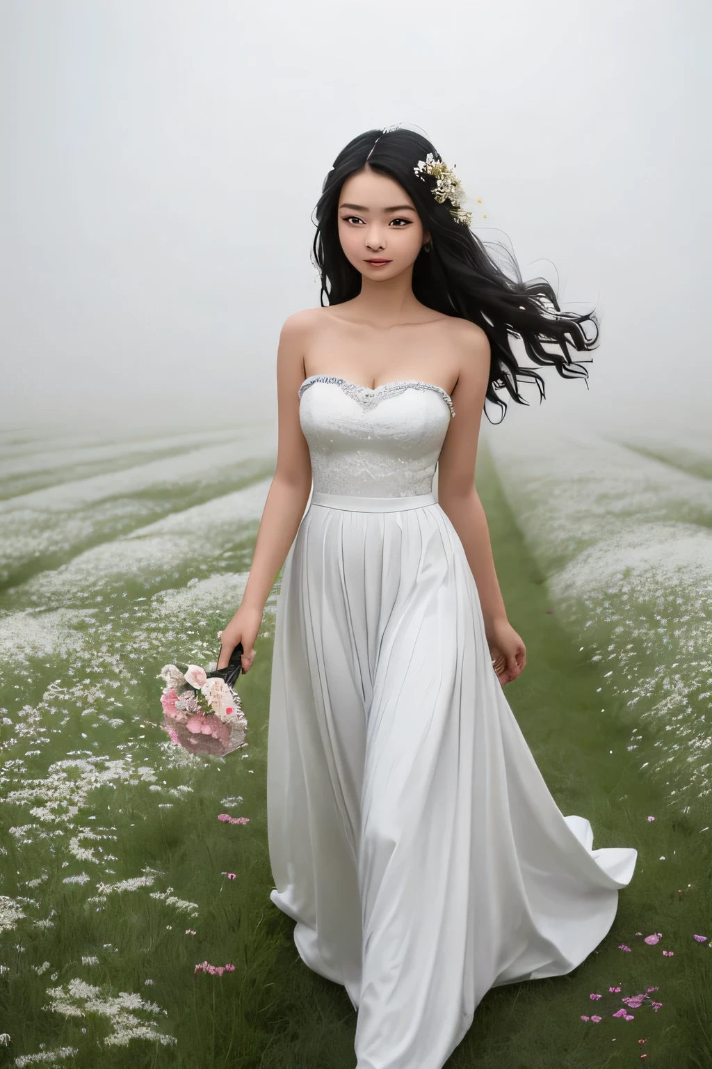 ((best quality)), ((masterpiece)), (detailed), perfect face A  girl of Indonesian Chinese descent with long, wavy black hair with a hair ornament of flowers With firm, pointed breasts and wearing a long white sleeveless strapless dress walking in the middle of a field of edelweiss flowers While holding her long skirt on a foggy morning