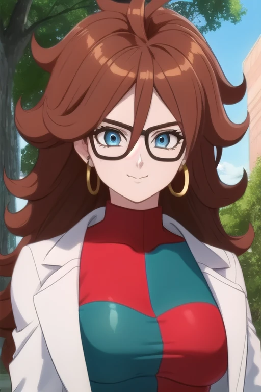 android21, 1girl, solo, blue eyes, brown hair, long hair, curly hair, hair between eyes, jewelry, hoop earrings, glasses,
checkered dress, two-tone dress, multicolored dress, tight dress, turtleneck, black pantyhose, labcoat, long sleeves,
smile,closed mouth,cowboy shot,
forest,outdoor,
(insanely detailed, beautiful detailed face, masterpiece, best quality) cinematic lighting,