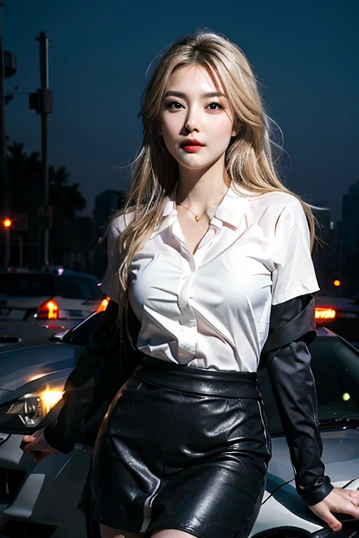 high resolution, 1women, solo, hips up, (detailed face), night city, night ambience , night city lights, super sexy Minimalist police uniform, shirt and skirt, dark blonde hair, sexy police woman, bright face