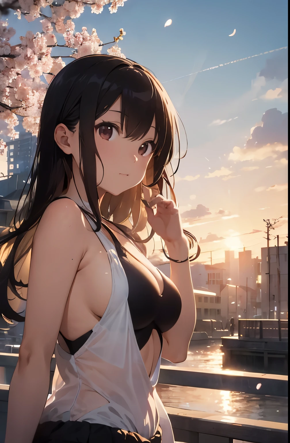 On the rooftop during golden hour、Background night city skyline, Beautiful Japanese woman photographed in sexy swimsuit, towards the camera. She wears a white swimsuit, Minimalist white swimsuit, Her long green hair is blowing gently in the breeze. A golden light surrounds her, Creating a silhouette effect, Capture the moment when the background changes from day to night. After her, Cherry blossom scenery in full bloom、Capture moments of serene beauty, Demonstrating the peaceful coexistence of city life and nature.
• Mode: manual mode、exposed、Fine-tune your shutter speed。
• Aperture (F-Score): f2.8〜Set to F4 range.、Make your subject stand out、Beautifully blurring the cherry blossoms in the background。
• Shutter speed: 1. Capture the Movement/Please select 250 seconds or more。A quiet pose or、If you want to capture the moment when the petals fall、Adjusting the Shutter Speed。
For shooting in bright outdoor conditions、Set to 100 or 200、Keep it as low as possible。
seaweed、seaweed、seaweed、seaweed、seaweed、seaweed、