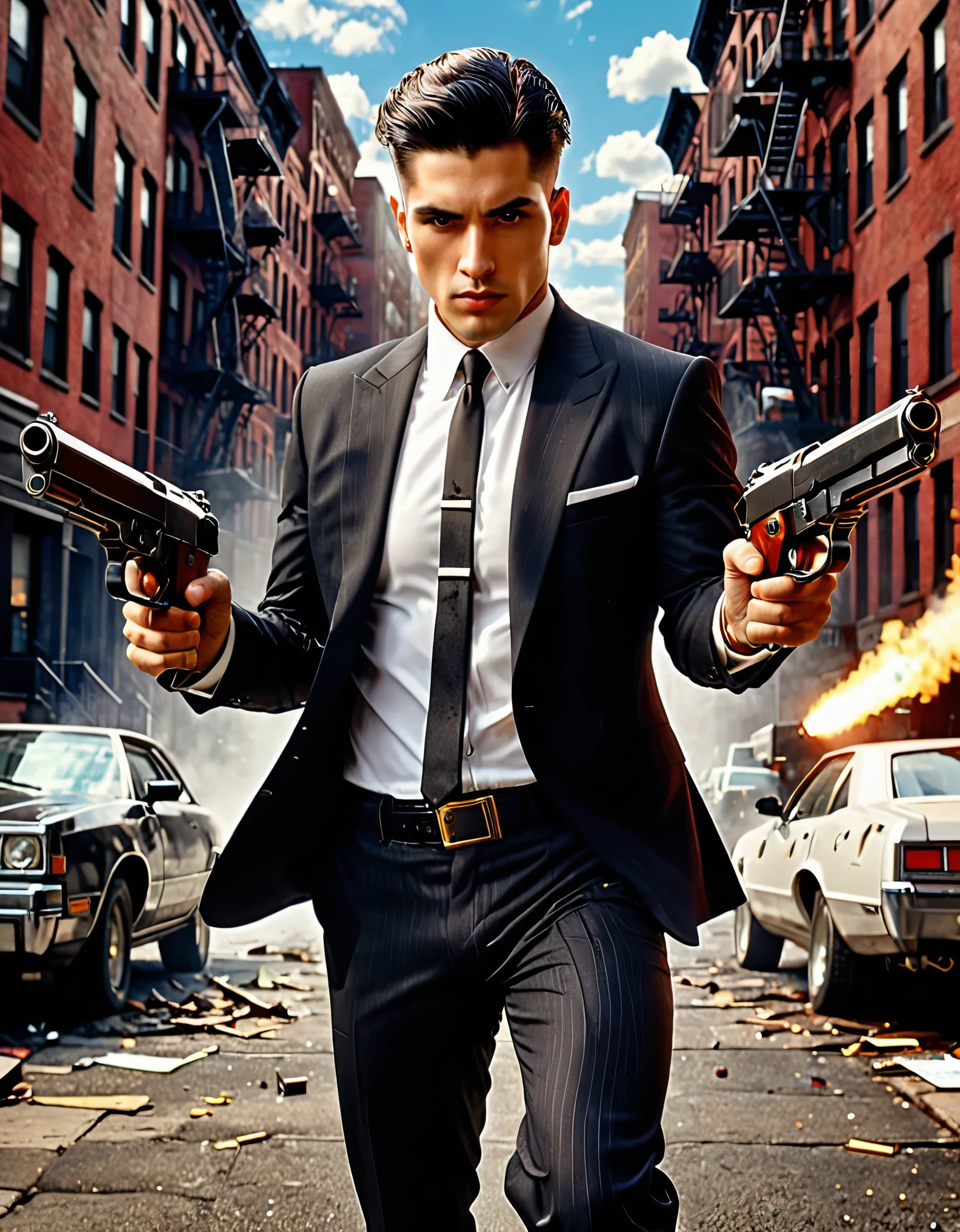 (best illumination, high contrast, sharp details), (a person:1.2+male) mobster, black suit and tie, white shirt, black slacks, black polished shoes, standing, dynamic action pose, holding dual pistols, beretta 92, muzzle flash, shell casings, gunsmoke, bullet holes, aiming at viewer, black hair, brown hair, short hair, groomed hair, age 28, intense action, brooklyn, high-end apartment backdrop, vivid colors, high saturation, dramatic shadows.