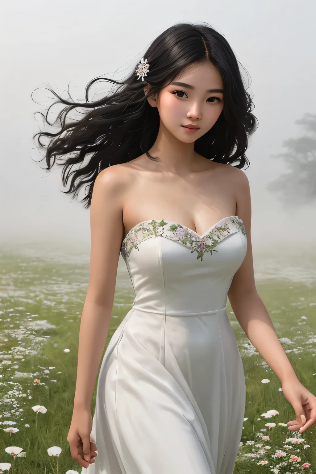 ((best quality)), ((masterpiece)), (detailed), perfect face A 16 year old girl of Indonesian Chinese descent with long, wavy black hair with a hair ornament of flowers With firm, pointed breasts and wearing a long white sleeveless strapless dress walking in the middle of a field of edelweiss flowers on a foggy morning