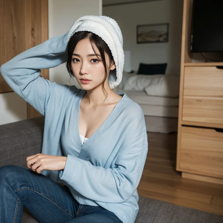 The eyes of a beautiful Japanese woman in her thirties with short hair, wearing a navy long-sleeved cotton shirt and jeans pants, sitting on the sofa with a bath towel over her head, looking down and thinking. Focal length 100mmf/2.8, spring night, living room on the upper floor of a high-rise apartment, well-shaped face, thinking eyes, wet hair, wet clothes, toned body, dark blue long-sleeved cotton shirt and jeans pants, transparent skin , close-up of facial expressions, sense of realism, 8K image quality, highest quality.