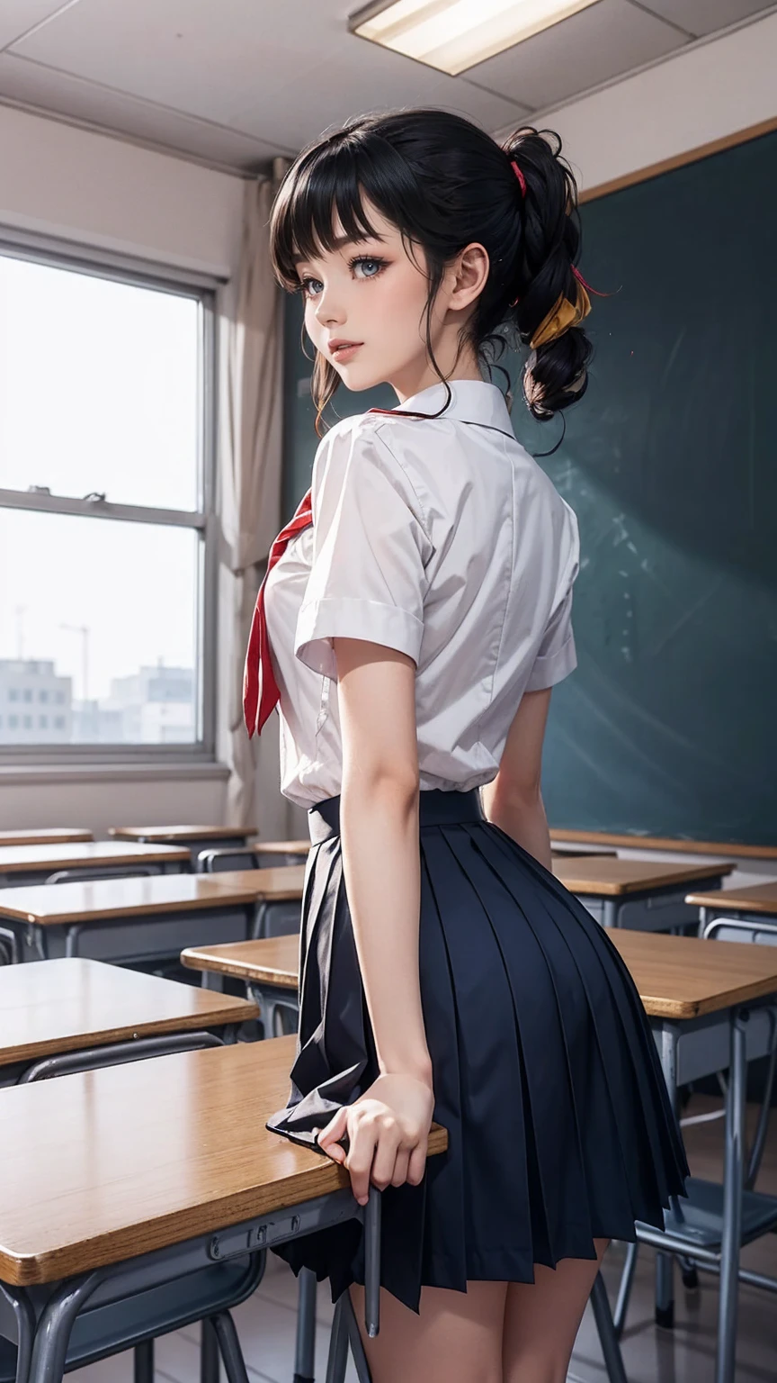 (最high quality, 8K, masterpiece: 1.3, Ultra HD, high quality, 最high quality, High resolution, realism)) 、slender、slenderだがアスリートのような細マッチョ、I don't want my head to disappear from the screen.、inner color((colored inner hair))、Smile((smile))、black hair((black hair))、black eye、Wear a summer sailor uniform、Wear a navy blue pleated skirt、wear white socks、stand on the embankment、Vertical roll on one side((side drill))、An empty classroom after school、A view of a woman standing at a blackboard from the back of the classroom、The woman turns towards、desks are lined up