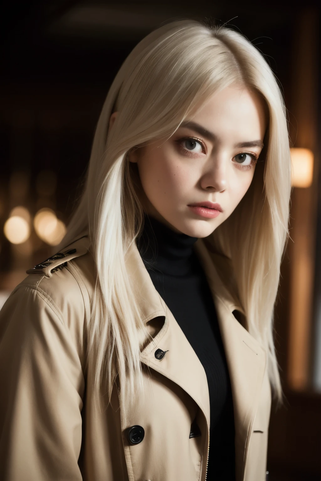 ((Best quality)), ((masterpiece)), (detailed), perfect face, emma stone, neon dim lighting, empty room, professional photograph, upper body shot, long straight white hair, brown long trench coat, bella kotak style of photography