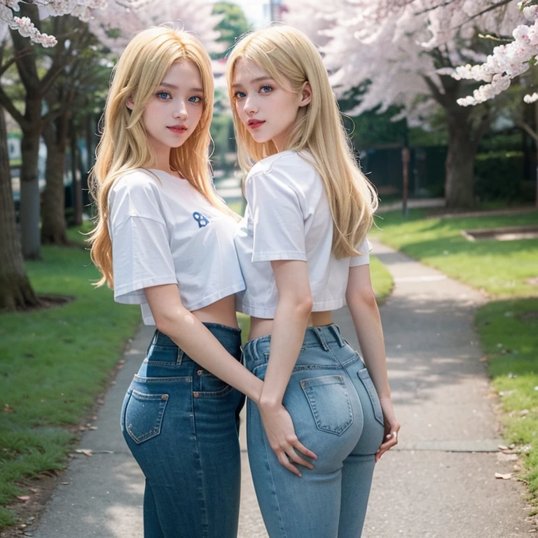 2girl, (Twins), Blue eyes, (smiling), (Sana Minatozaki), wide hips, Big , big ass, (Best Quality, 8k, Masterpiece: 1.3), perfect hands, Clear Focus: 1.2, Perfect Body Beauty: 1.4 , Slender Abs: 1.2, Highly detailed face and skin texture, detailed eyes, double eyelids, red lips, (blonde long hair), white t-shirt, jeans, standing, (with his twin sister :1.4), look back, in a Tokyo neighborhood, sakura trees in the background, deep on field