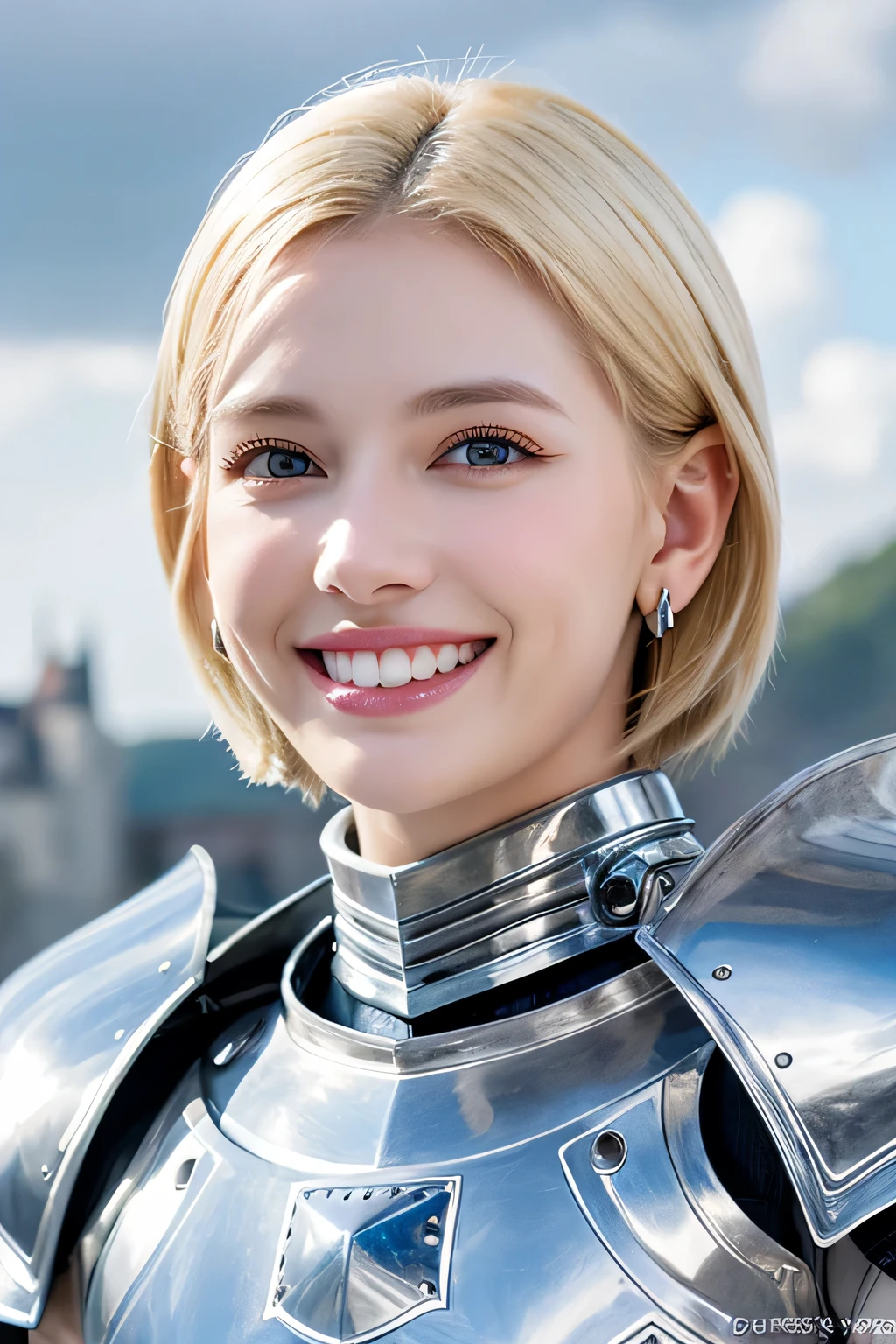 ８Ｋ、highest quality、female knight、The background is a castle、Luxurious Silver Armor、hairstyle short cut、smile、beautiful teeth、full body photo、ear piercing、white woman、blonde hair、blue eyes、Gummy Smile、The background is a cloudy sky、heavy makeup、mouth half open