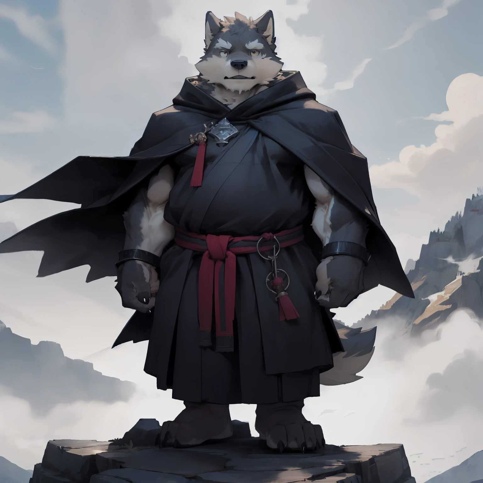 New Jersey 5 Hairy, Wolf,Full body portrait of an individual, male,exquisite, chubby,thick arms,plush fur,thick eyebrows,Mountain Top,Cloud,shrouded in mist,Legend of Jianfeng,cloak,Great sword,Monk,全套Xian Xia服装,Taoist robe,cloak,Cultivation,Xian Xia,pride