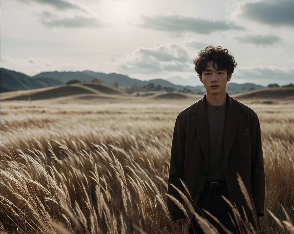 Full shoot photography, a korean man with curly hair, walking through a tall grass field, standing in a field, standing alone in a grassy field, standing in a barren field, walking in a high grass field, standing in tall grass, in the middle of a field, cinematic style, turned to the camera.