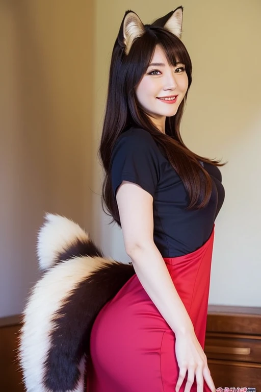 ((highest quality, 32k)), ((masterpiece)), (Familiar), Perfect Face, Fox woman, Beautiful woman, public, Has a tail, She has a fluffy tail, She has a red fox's tail., She wags her tail, smile, bell collar, she is wearing pants, Beautiful Hips, Big Breasts, Big tail, She has a tail sticking out from under her pants, Turn around on all fours