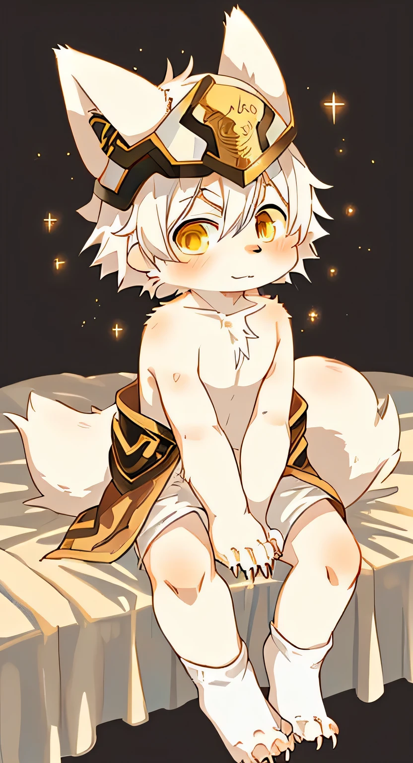 unique,Kanno,white fox,male,hairy,best quality,Shota,Humanity,claws,hairy tail,Golden Sun Rune,cute,Sparkling golden eyes,sitting on bed,white socks,helmet cloth,Naked from the waist down