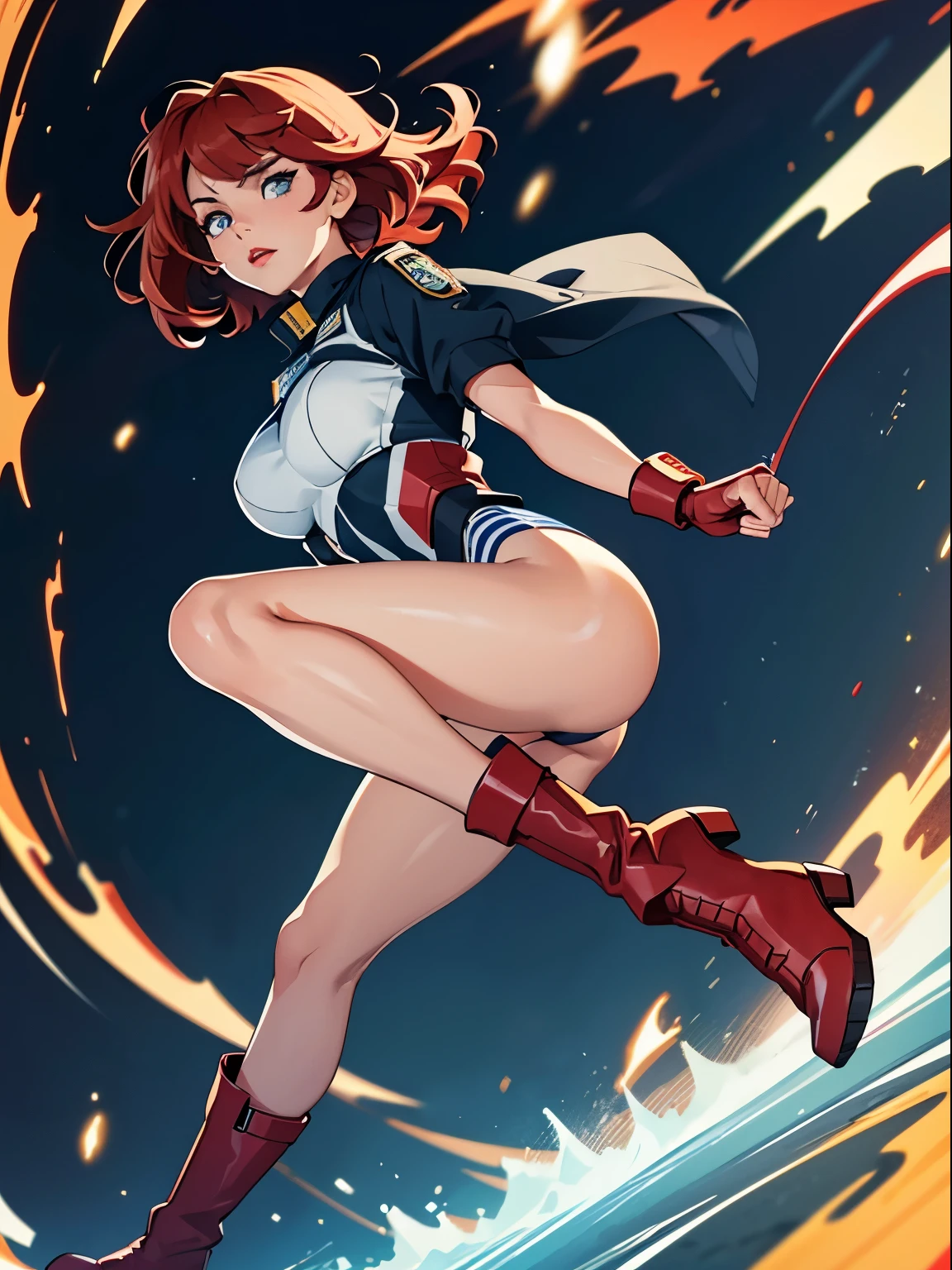 Solo, (Police Uniform, Policewoman), leotard, bare legs, superhero, boots, Lips Apart, Red Lips, Shiny Skin, Skin Dents, Best Quality, Ultra High Resolution, Red hair, Bob hair, standing straight, spinning pose, perfect anatomy, perfect hands, BREAK, spinning like a tornado, spiral lines, speed lines