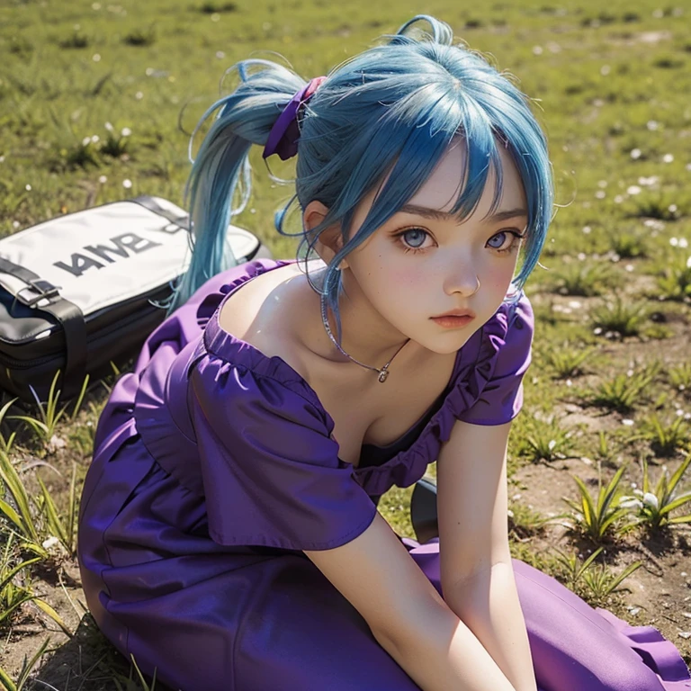  girl, blue hair on ponytails, big purple color eyes, wearing one piece yellow dress, red snickers, sitting on grass laying head on knees, holding her legs