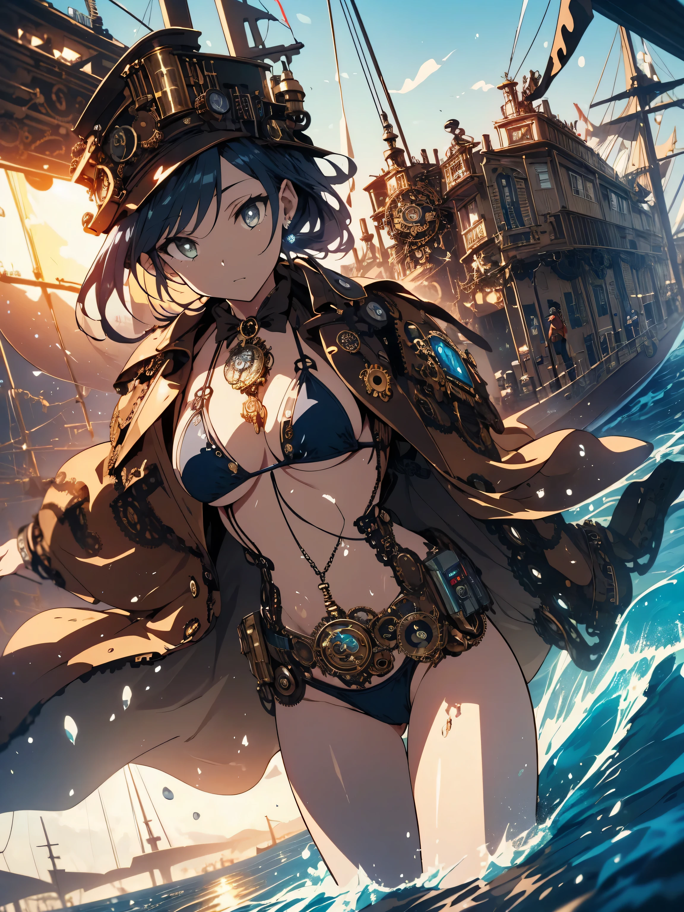 (highest quality、masterpiece、High resolution、detailed)、(Shining eyes、detailed beautiful face)、anime style, super fine illustration, highly detailed, dynamic angle, beautiful detailed, 8k, BREAK (a woman:1.7)、 ((steampunk bikini:1.8))、(steampunk-style yacht: 1.9), (yacht proceeding over the sea: 1.7, violent splashes: 1.7), (futuristic feel),, BREAK, (beautiful animation)