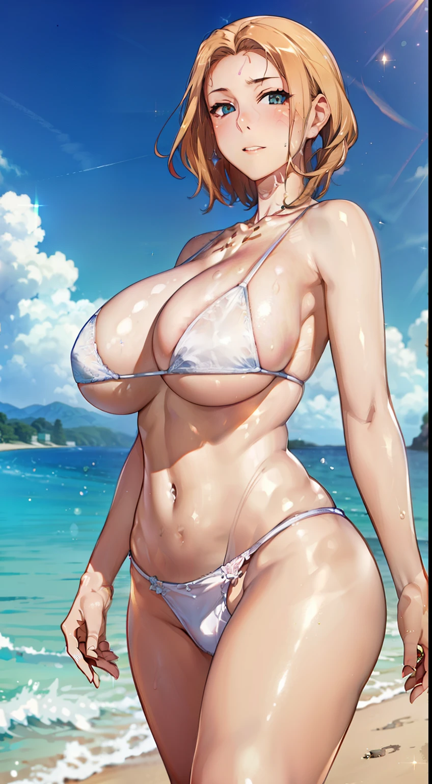 Cinematic lighting、(key light:Front diagonal 45 degrees, fill light、Backlight、shadow、blue and orange color palette), accurate human body、detailed person、Correct five-finger、RAW photo、 4K - ultra-vivid、highest quality, masterpiece, ultra high resolution, (reality: 1.4),
(((oil skin,sparkling skin、realistic skin texture、detailed beautiful skin、shiny skin、shiny skin)))、
upper body shot, camera angle is low, Depth of the bounds written, Focus on the center, fine eyes, perfect face and eyes、
Pure white bikini、sexy tropical beach、(((big breasts、oil skin,sparkling skin、realistic skin texture、detailed beautiful skin、shiny skin、shiny skin)))、
Shy milf sitting on the beach、((Walking along the beach:1.5))