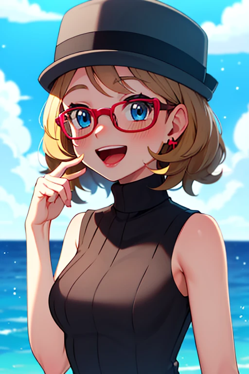 masterpiece, best quality, highres, 1girl, solo, blush, smile, short hair, open mouth, bangs, blue eyes, blonde hair, hat, jewelry, upper body, :d, earrings, outdoors, sky, sleeveless, day, tongue, shiny, cloud, hand up, water, blurry, vest, bare arms, eyelashes, turtleneck, border, happy, grass, sweater vest, sleeveless turtleneck, grey headwear, glasses