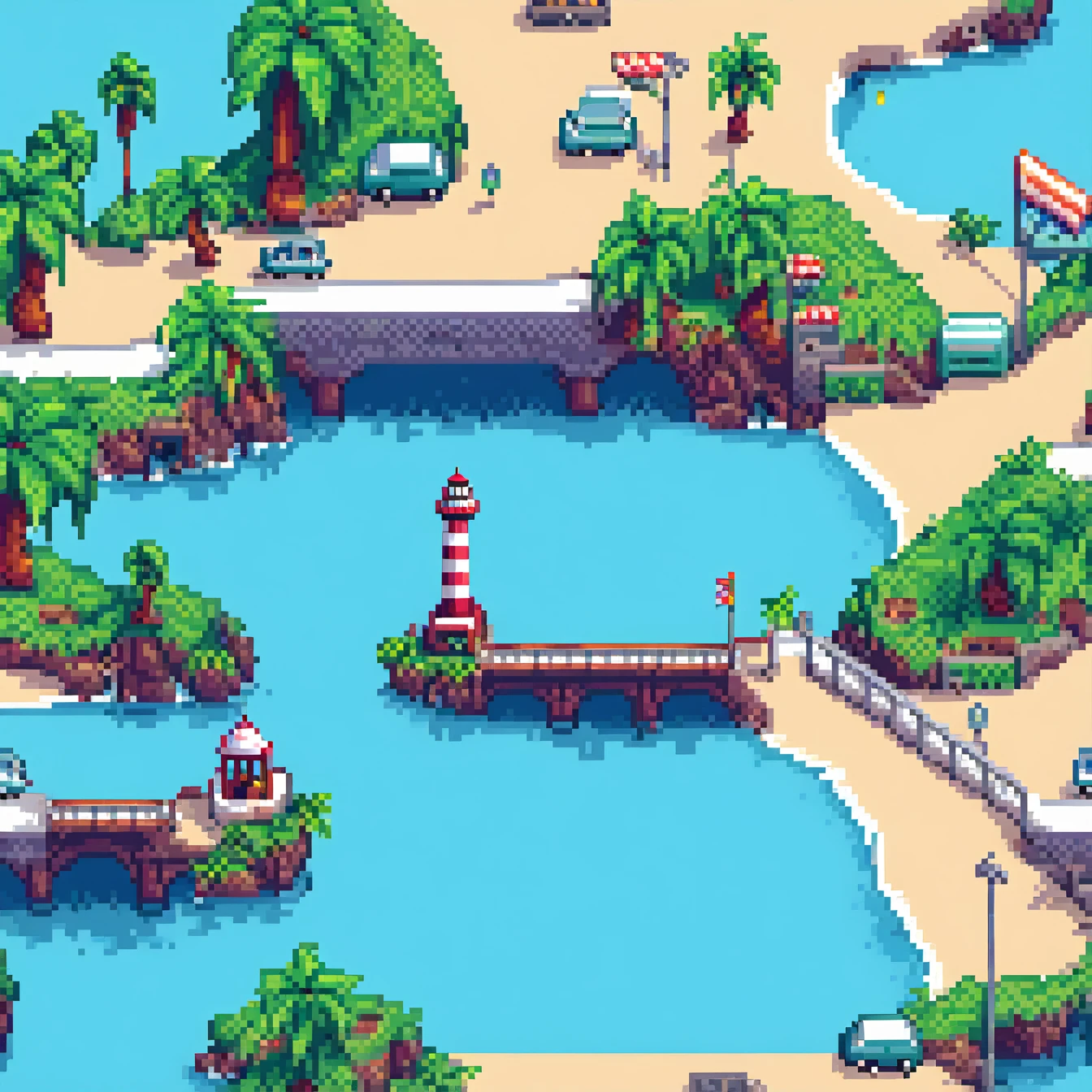 8-bit pixel wind,pixel art,Sky, bridge, bay, panoramic widescreen view, blue ocean, highway, character activities, white clouds, time changes, concrete bridge deck, dual carriageways, pedestrian walkways, pixelated car headlights, neon signage, bridge piers, hidden items, shimmering waves, ocean ripples, horizon line, atmospheric perspective, beach, off-white pixels, shell reefs, platform slopes, silhouette of a coastal city skyline, lighthouse, buildings, coconut trees, beach umbrellas, adventure exploration, A masterpiece in up to 16K resolution, Excellent quality. | ((more_detail))