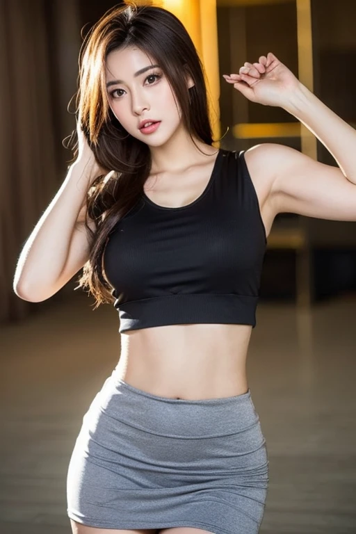 ((Realistic lighting, Best quality, 8K, Masterpiece: 1.3)), Light focus: 1.2, 1girl, Perfect figure: 1.4, Slim Abs: 1.1, ((Dark brown hair)), (gray crop top: 1.4), (indoor, Night: 1.1), night club party atmosphere , Double eyelids, Full fitness body, Geek twerk style cosplay dress, Elegant features on breasts, Body features of perfect sexy cosplay model,  Sexy features in evidence, geektight and sexy fashion mini dress, perfect sexy and body details and features, full body waist up pose , pose 1.4 to camera , various shot angle 