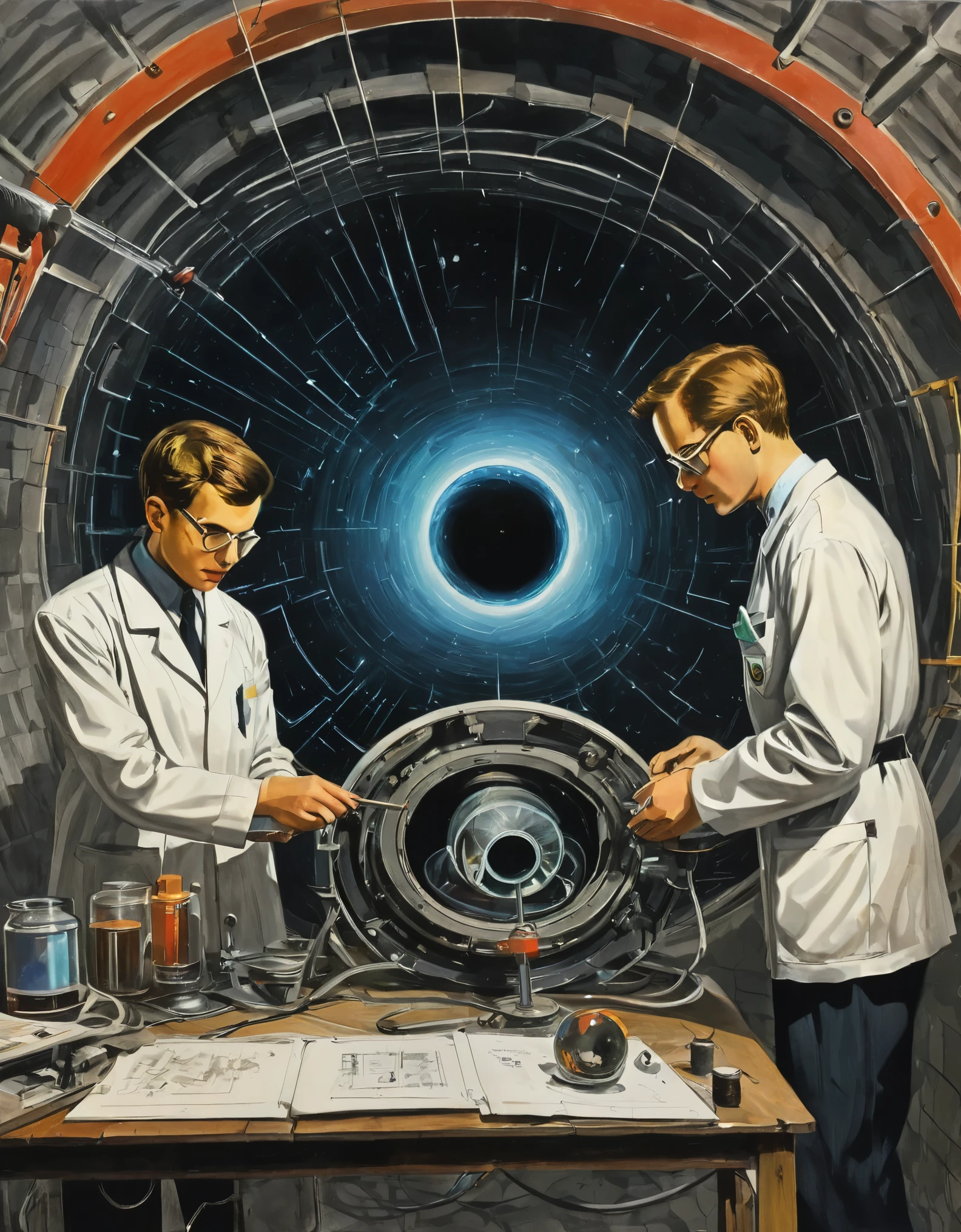 Two scientists, final year students of the Faculty of Physics and Mathematics, in an alternative USSR, A drawing of a black hole is being examined in an underground university laboratory.. Painting in the style of Soviet graphics.