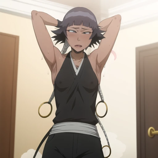 ( Animation screenshots:1.1),outdoor, Nipples exposed, 1 girl, alone, black hair, side breasts,eternal, short hair with long locks, japanese clothing, - Hip vents, no underwear,short hair, small breasts, (white eyes:1.1),No eyeballs, Also available in black, no headgear,low double braids,facing the audience, looking at the audience, tired, from below, (露armpit:1.1), ((armpit:1.2)), Sexy, Sweat dripping, More and more sweat,(ahegao), (Roll your eyes), naughty face, blush, (((I have my mouth wide open、Show throat、Stick out the tongue))), saliva, careless person,Runny nose,skinny, raise arms, (arms above head:1.5)