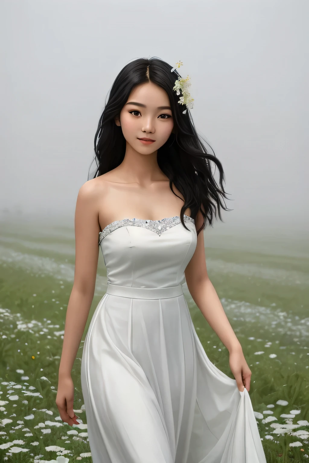 ((best quality)), ((masterpiece)), (detailed), perfect face A 16 year old girl of Indonesian Chinese descent with long, wavy black hair with a hair ornament of flowers With firm, pointed breasts and wearing a long white sleeveless strapless dress walking in the middle of a field of edelweiss flowers While holding her long skirt on a foggy morning