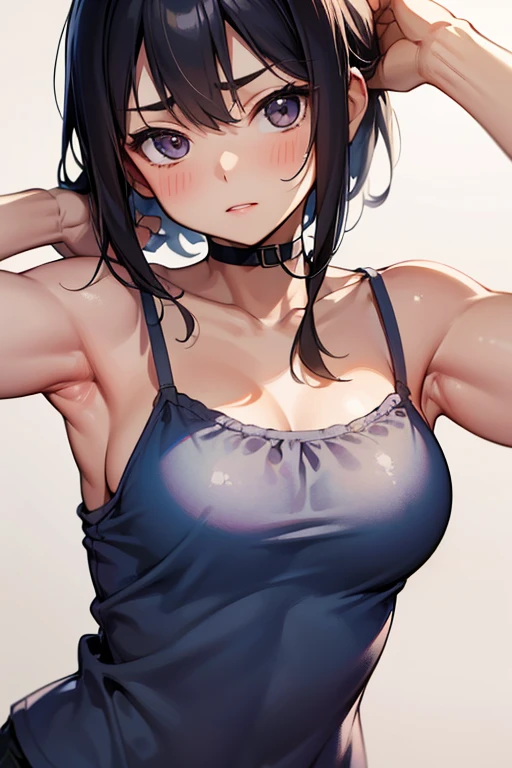 1girl,solo,retina,masterpiece, Awards, high quality, High resolution, HD, 4K,8K,high quality, rough skin,(large breasts:1.3),faint smile,oily skin,underside of breasts,(mochi shaped breasts:1.2),(breast focus,closeup upperbody:1.5),baby face,(short height,petite:1.4),(long camisole:1.3),breasts roundness,(stradding:1.2),(breasts shaped clothes,adjusting clothes),Neat clothes,white clothe